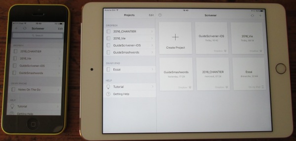 Scrivener sur iPhone et iPad : page d'accueil des projets en cours